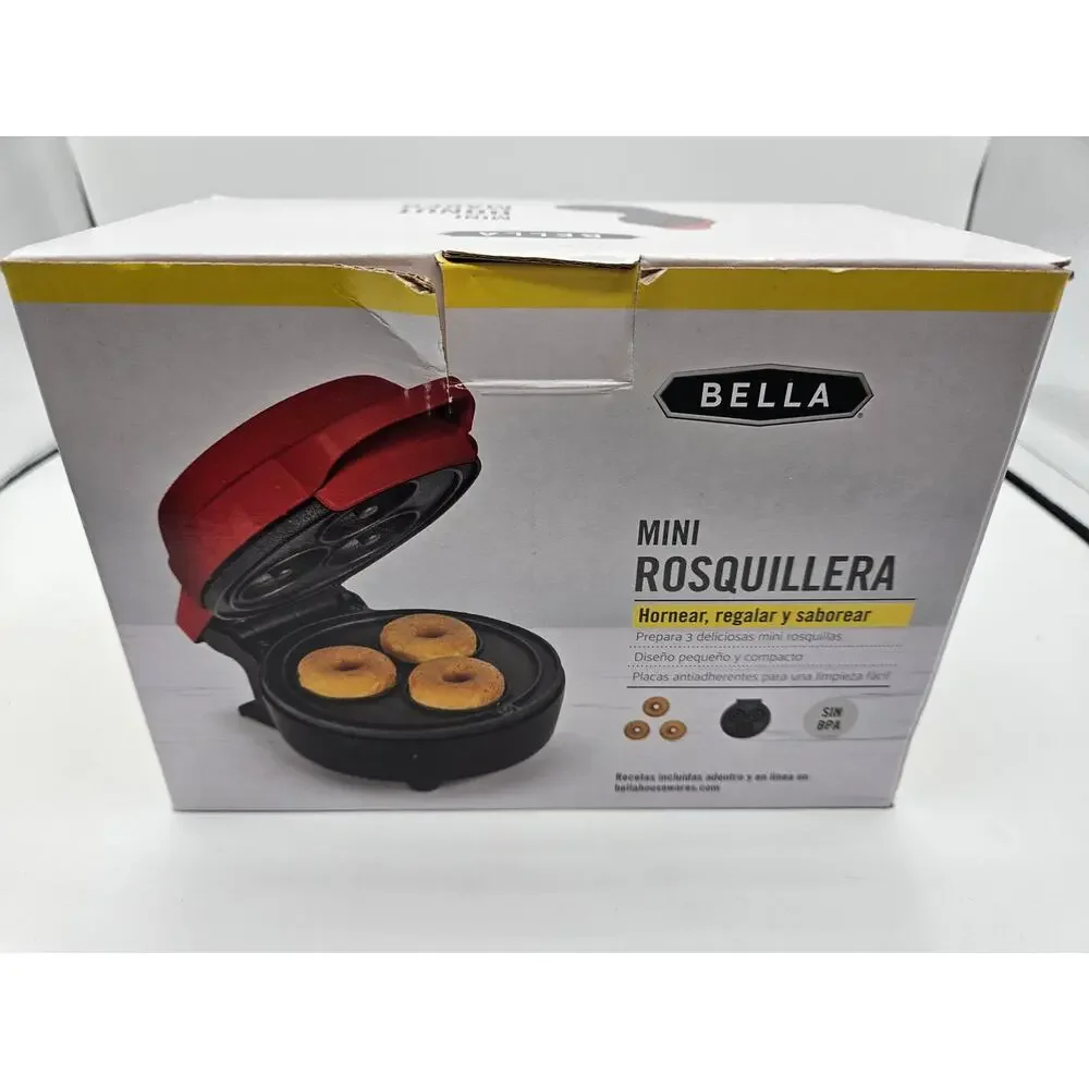 Bella Red Mini‎ 3 Donut Maker Bake Treat Eat Nonstick Coated 350 Watts NIB